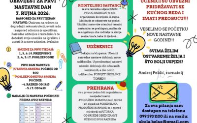 OBAVIJEST ZA PRVI NASTAVNI DAN